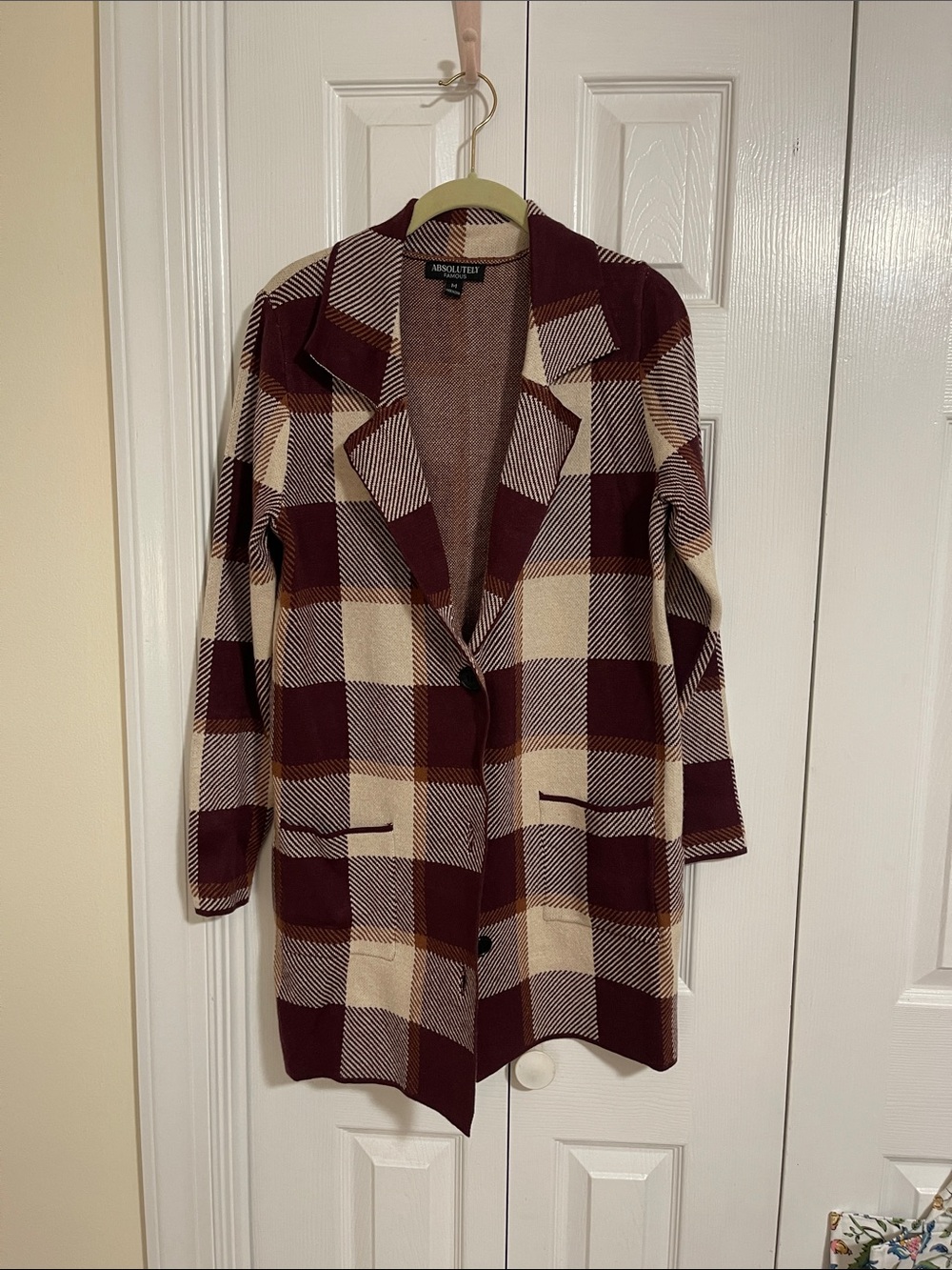 Women's Absolutely Famous Burgundy and Cream Plaid Coat